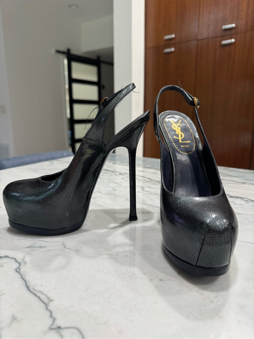 YSL Navy Blue Textured Patent Leather Platform Stiletto Pumps